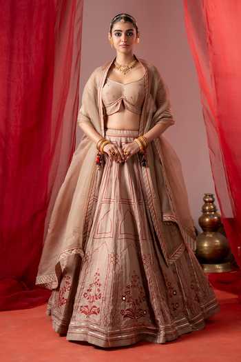 Shop_Baise Gaba_Beige Satin, Linen, Chanderi, Organza Embroidery Utsav Printed Lehenga Set 
