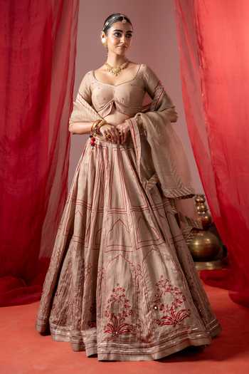 Baise Gaba_Beige Satin, Linen, Chanderi, Organza Embroidery Utsav Printed Lehenga Set _Online
