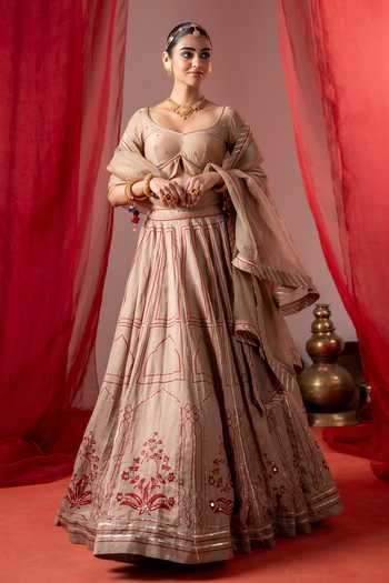 Buy_Baise Gaba_Beige Satin, Linen, Chanderi, Organza Embroidery Utsav Printed Lehenga Set _Online