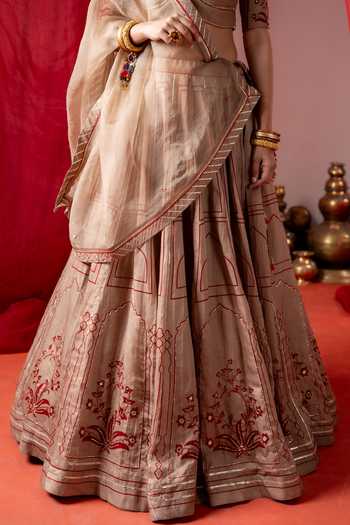 Shop_Baise Gaba_Beige Satin, Linen, Chanderi, Organza Embroidery Utsav Printed Lehenga Set _Online