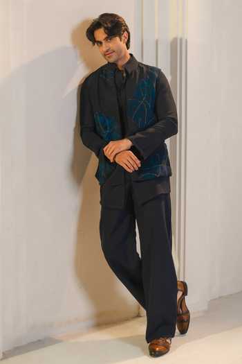 Buy_Jatin Malik_Blue Silk, Crepe Embroidery Starveil Nehru Jacket And Kurta Set _at_Aza_Fashions