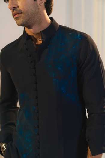 Jatin Malik_Blue Silk, Crepe Embroidery Starveil Nehru Jacket And Kurta Set _at_Aza_Fashions