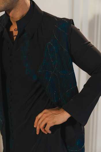 Buy_Jatin Malik_Blue Silk, Crepe Embroidery Starveil Nehru Jacket And Kurta Set 