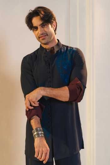 Shop_Jatin Malik_Blue Silk, Crepe Starveil Kurta And Trouser Set _at_Aza_Fashions
