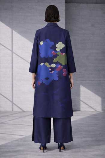 Shop_Oja_Blue Silk, Chanderi Collared Printed Jacket And Pant Set _at_Aza_Fashions