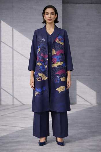 Buy_Oja_Blue Silk, Chanderi Collared Printed Jacket And Pant Set _at_Aza_Fashions