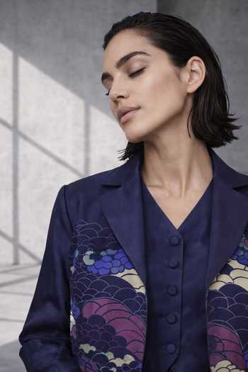 Oja_Blue Silk, Chanderi Collared Printed Jacket And Pant Set _Online_at_Aza_Fashions