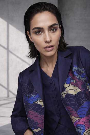Buy_Oja_Blue Silk, Chanderi Collared Printed Jacket And Pant Set _Online_at_Aza_Fashions