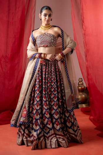 Buy_BAISE GABA_Multi Color Satin, Linen, Organza Bandeau Neck Kalshi Embroidered Lehenga Set _at_Aza_Fashions