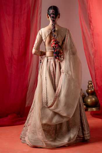 Baise Gaba_Beige Satin, Linen, Chanderi, Organza Embroidery Utsav Printed Lehenga Set _Online_at_Aza_Fashions