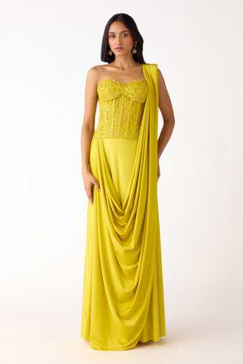 Buy_Basanti Kapde aur Koffee_Lime Lycra Beads Sweetheart Neck Embroidered Blouse And Draped Saree Set _at_Aza_Fashions