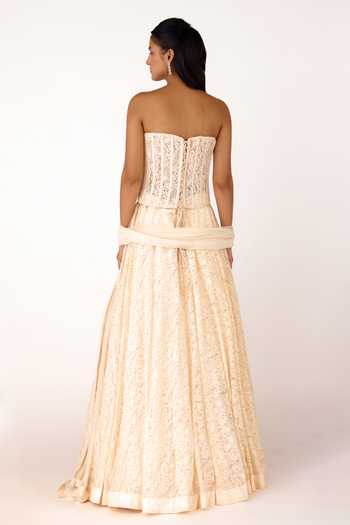 Shop_Basanti Kapde aur Koffee_Ivory Net, Chantilly Beads, Crystals, Cut Work Embroidered Lehenga Set _at_Aza_Fashions