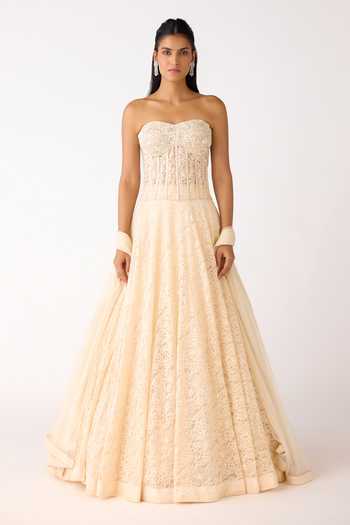 Shop_Basanti Kapde aur Koffee_Ivory Net, Chantilly Beads, Crystals, Cut Work Embroidered Lehenga Set _Online_at_Aza_Fashions