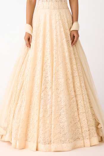 Shop_Basanti Kapde aur Koffee_Ivory Net, Chantilly Beads, Crystals, Cut Work Embroidered Lehenga Set 