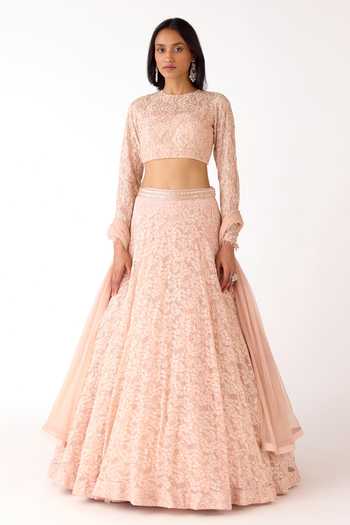 Buy_Basanti Kapde aur Koffee_Peach Net, Chantilly Beads, Sequins Round Neck Tonal Embroidered Lehenga Set _at_Aza_Fashions