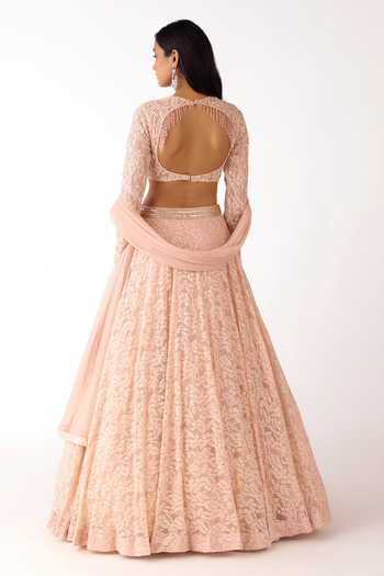 Shop_Basanti Kapde aur Koffee_Peach Net, Chantilly Beads, Sequins Round Neck Tonal Embroidered Lehenga Set _at_Aza_Fashions