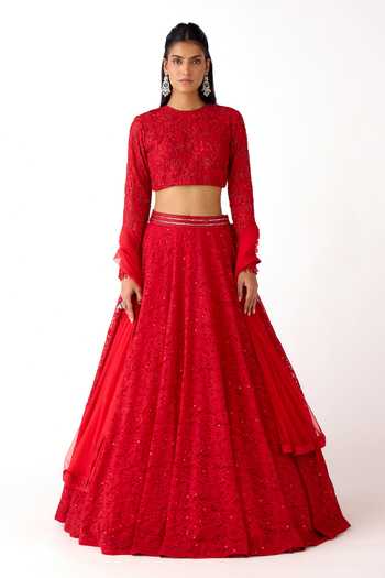 Buy_Basanti Kapde aur Koffee_Red Net, Chantilly Sequins, Beads, Crystals Round Neck Embroidered Lehenga Set _at_Aza_Fashions