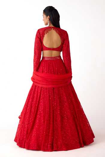Shop_Basanti Kapde aur Koffee_Red Net, Chantilly Sequins, Beads, Crystals Round Neck Embroidered Lehenga Set _at_Aza_Fashions