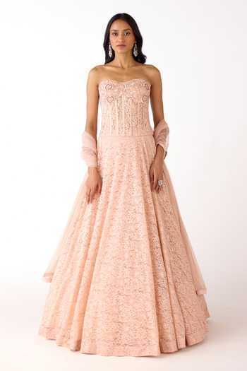 Basanti Kapde aur Koffee_Peach Chantilly, Net Beads, Crystals Sweetheart Tonal Embroidered Lehenga Set _Online_at_Aza_Fashions