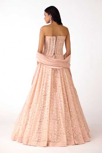 Shop_Basanti Kapde aur Koffee_Peach Chantilly, Net Beads, Crystals Sweetheart Tonal Embroidered Lehenga Set _at_Aza_Fashions