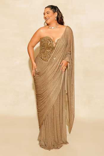 Buy_Itrh_Gold Net Stones, Crystals Sweetheart Neck Scarab Pre-draped Saree With Corset _at_Aza_Fashions