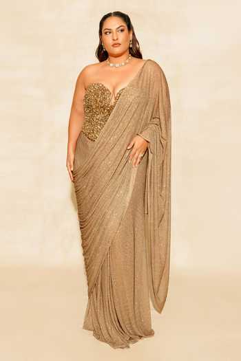 Buy_Itrh_Gold Net Stones, Crystals Sweetheart Neck Scarab Pre-draped Saree With Corset _Online_at_Aza_Fashions