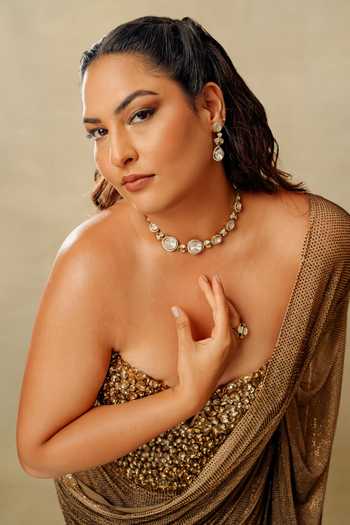 Shop_Itrh_Gold Net Stones, Crystals Sweetheart Neck Scarab Pre-draped Saree With Corset _Online_at_Aza_Fashions