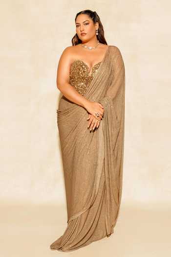 Itrh_Gold Net Stones, Crystals Sweetheart Neck Scarab Pre-draped Saree With Corset _at_Aza_Fashions