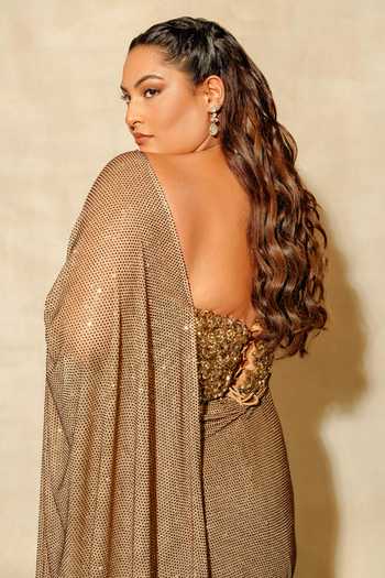 Shop_Itrh_Gold Net Stones, Crystals Sweetheart Neck Scarab Pre-draped Saree With Corset _at_Aza_Fashions