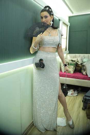 Shop_Itrh_Silver Net Crystals Square Neck Sparkling Embroidered Skirt And Top Set _at_Aza_Fashions