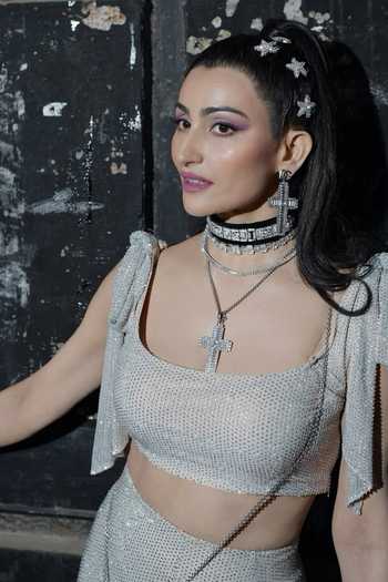 Shop_Itrh_Silver Net Crystals Square Neck Sparkling Embroidered Skirt And Top Set 