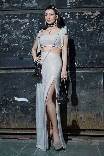 Buy_Itrh_Silver Net Crystals Square Neck Sparkling Embroidered Skirt And Top Set _at_Aza_Fashions