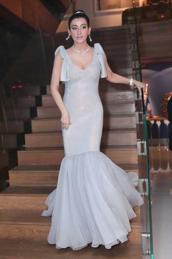 Buy_Itrh_Silver Net Crystals V-neck Embellished Fishcut Gown _at_Aza_Fashions