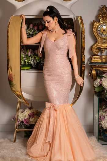 Shop_Itrh_Peach Net Crystals Sweetheart Neck Embellished Fishcut Gown _Online_at_Aza_Fashions