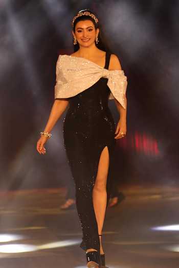Itrh_Black Net Sequins One Shoulder Slit Bow Attached Gown _Online_at_Aza_Fashions