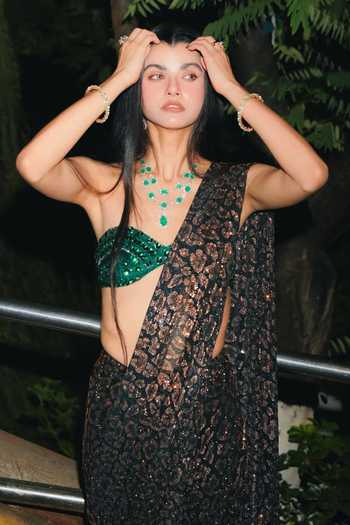 Shop_Itrh_Black Net Crystals, Sequins Sweetheart Wild Whisper Pre-draped Saree With Blouse _Online