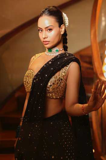 Itrh_Black Embroidery, Mirrors Square Neck Rohini Chikankari Lehenga Set _Online_at_Aza_Fashions