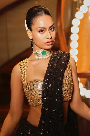 Buy_Itrh_Black Embroidery, Mirrors Square Neck Rohini Chikankari Lehenga Set _Online_at_Aza_Fashions