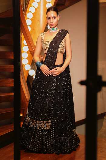 Buy_Itrh_Black Embroidery, Mirrors Square Neck Rohini Chikankari Lehenga Set _at_Aza_Fashions