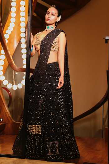 Itrh_Black Embroidery, Mirrors Square Neck Rohini Chikankari Lehenga Set _at_Aza_Fashions