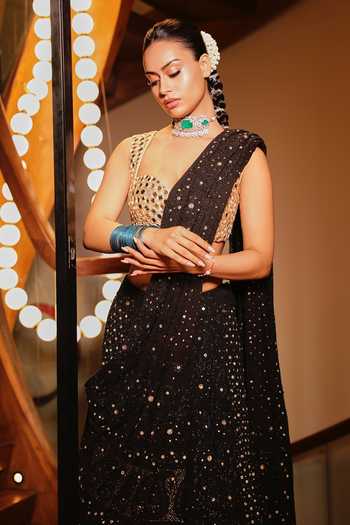 Shop_Itrh_Black Embroidery, Mirrors Square Neck Rohini Chikankari Lehenga Set 