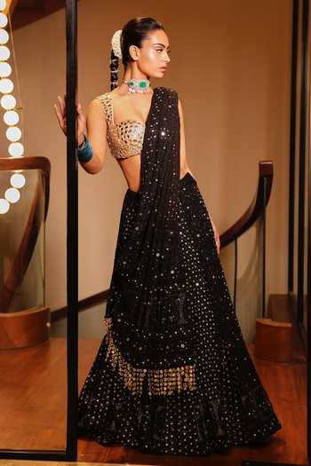 Itrh_Black Embroidery, Mirrors Square Neck Rohini Chikankari Lehenga Set _Online