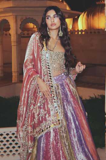 Buy_Itrh_Green Net, Tissue Mirrors, Gota Patti Halter Neck Rangratna Panelled Lehenga Set _Online_at_Aza_Fashions