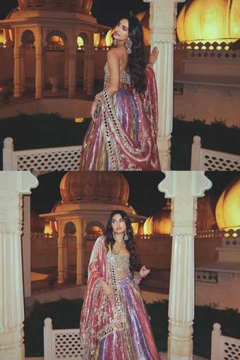 Shop_Itrh_Green Net, Tissue Mirrors, Gota Patti Halter Neck Rangratna Panelled Lehenga Set _Online_at_Aza_Fashions