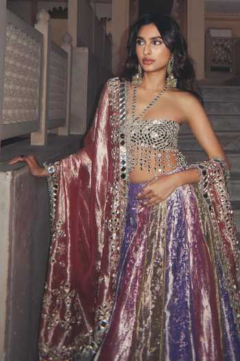 Buy_Itrh_Green Net, Tissue Mirrors, Gota Patti Halter Neck Rangratna Panelled Lehenga Set _at_Aza_Fashions