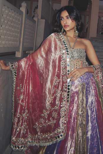 Buy_Itrh_Green Net, Tissue Mirrors, Gota Patti Halter Neck Rangratna Panelled Lehenga Set 