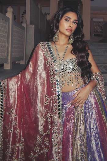 Shop_Itrh_Green Net, Tissue Mirrors, Gota Patti Halter Neck Rangratna Panelled Lehenga Set 
