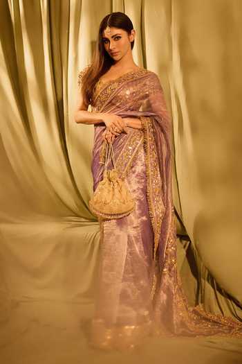 Buy_Itrh_Gold Tissue Mirrors, Gota Patti V-neck Krishna Leela Saree With Blouse _at_Aza_Fashions