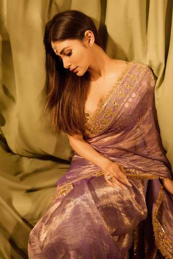 Shop_Itrh_Gold Tissue Mirrors, Gota Patti V-neck Krishna Leela Saree With Blouse _Online_at_Aza_Fashions