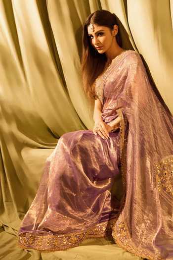 Itrh_Gold Tissue Mirrors, Gota Patti V-neck Krishna Leela Saree With Blouse _at_Aza_Fashions